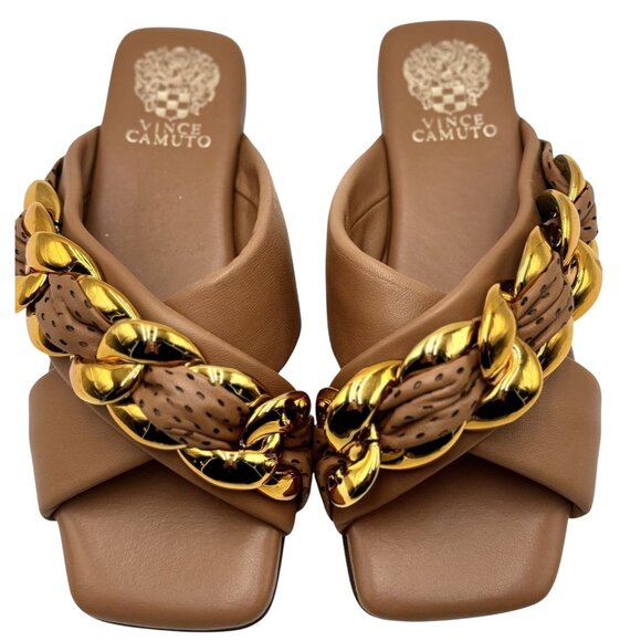 Vince Camuto Womens Slide Sandals 8 Azori Brown Leather Square Toe Gold Chain - Picture 1 of 9